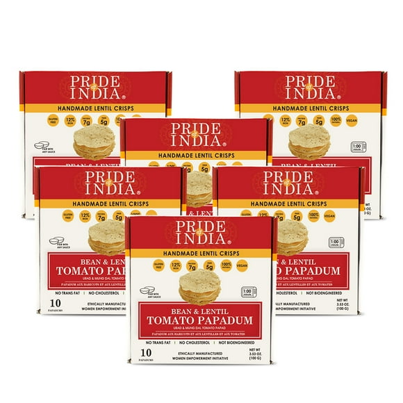 Pride Of India | Tomato Papadum, Pack of 6-10 Count Box (3.53oz - 100gm) | Protein Fiber & Iron Rich, Gluten-Free Vegan Lentil Crackers, Healthy Indian Appetizer | Microwaveable & Ready in Seconds