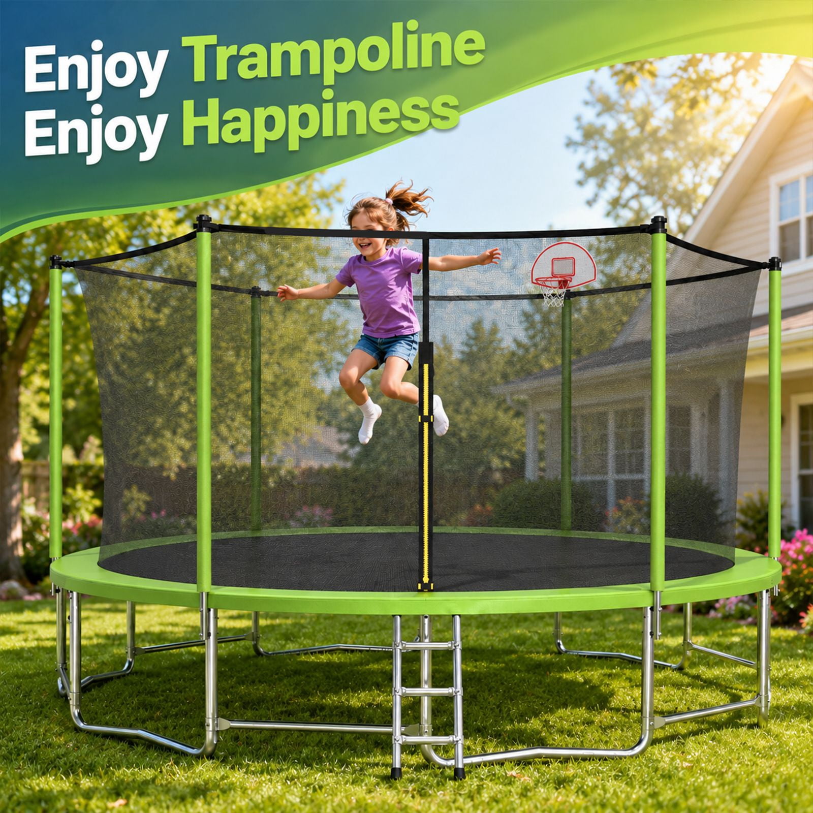 Alvantor 16Ft Trampoline for Kids & Adults, Upgrad Trampolines with Enclosure Net and Basketball Hoop for Backyard Green
