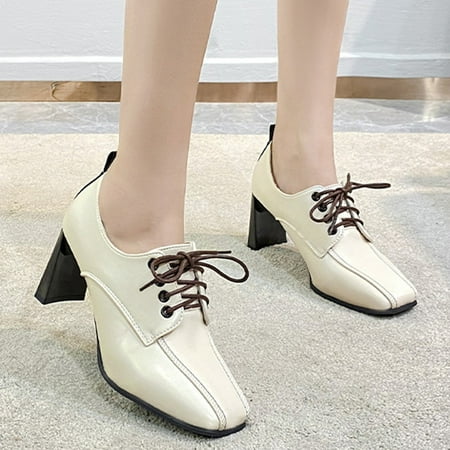 

Women Ankle Boots Autumn And Winter Simple Solid Color Square Toe Comfortable Square Heel Lace Up British Style