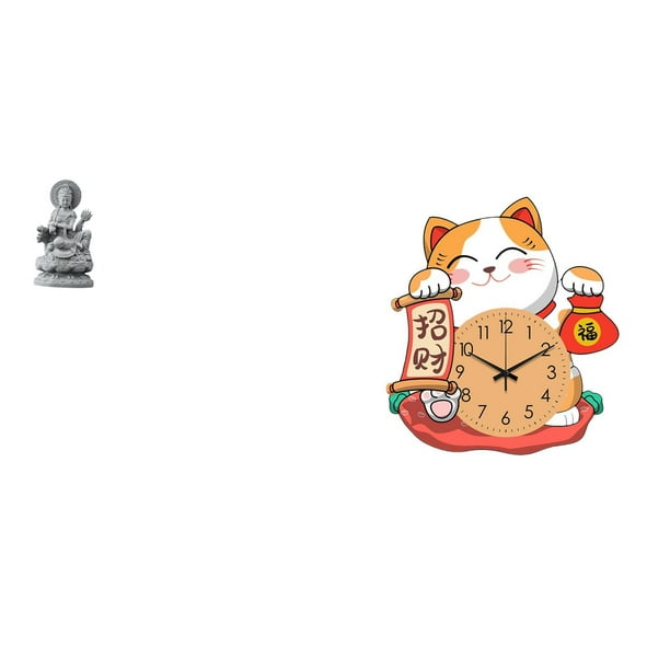Reloj de pared con estatua de Guan Yin, silencioso, sin , para amantes de los gatos, material de piedra, escultura artística, figura adecuada pa