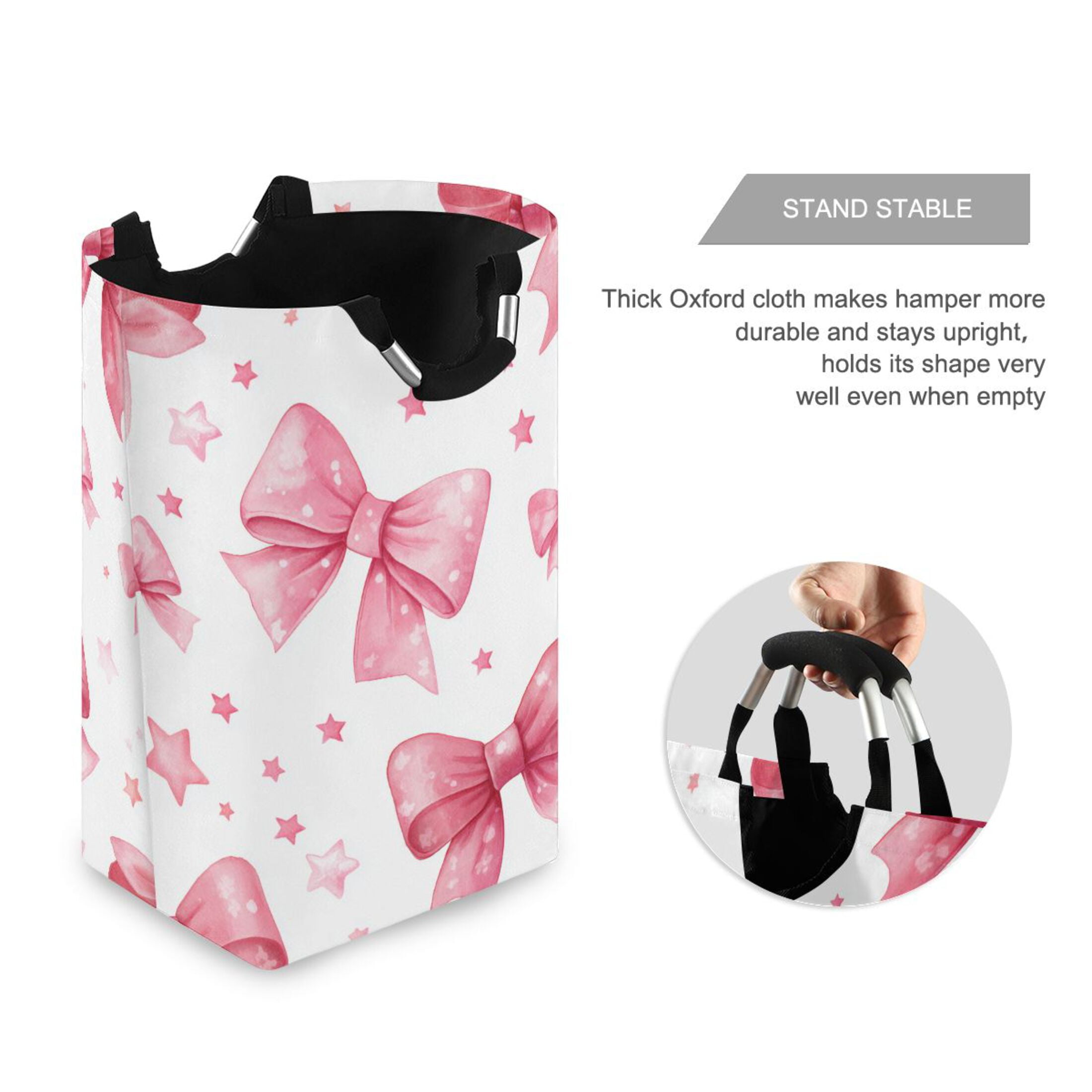 Pink Bows and Stars Laundry Basket with Handles Foldable Laundry Hamper Freestanding Washing Bin 50L
