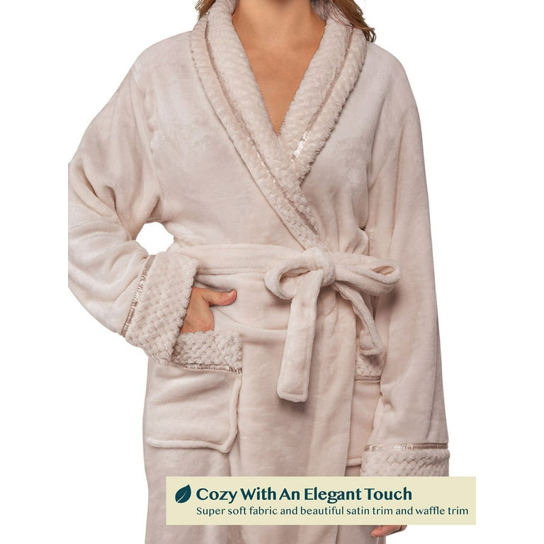 PAVILIA Soft Plush Women Fleece Robe, Taupe Light Brown Cozy Bathrobe,  Female Long Spa Robe, Warm Housecoat, Satin Waffle Trim, L/XL