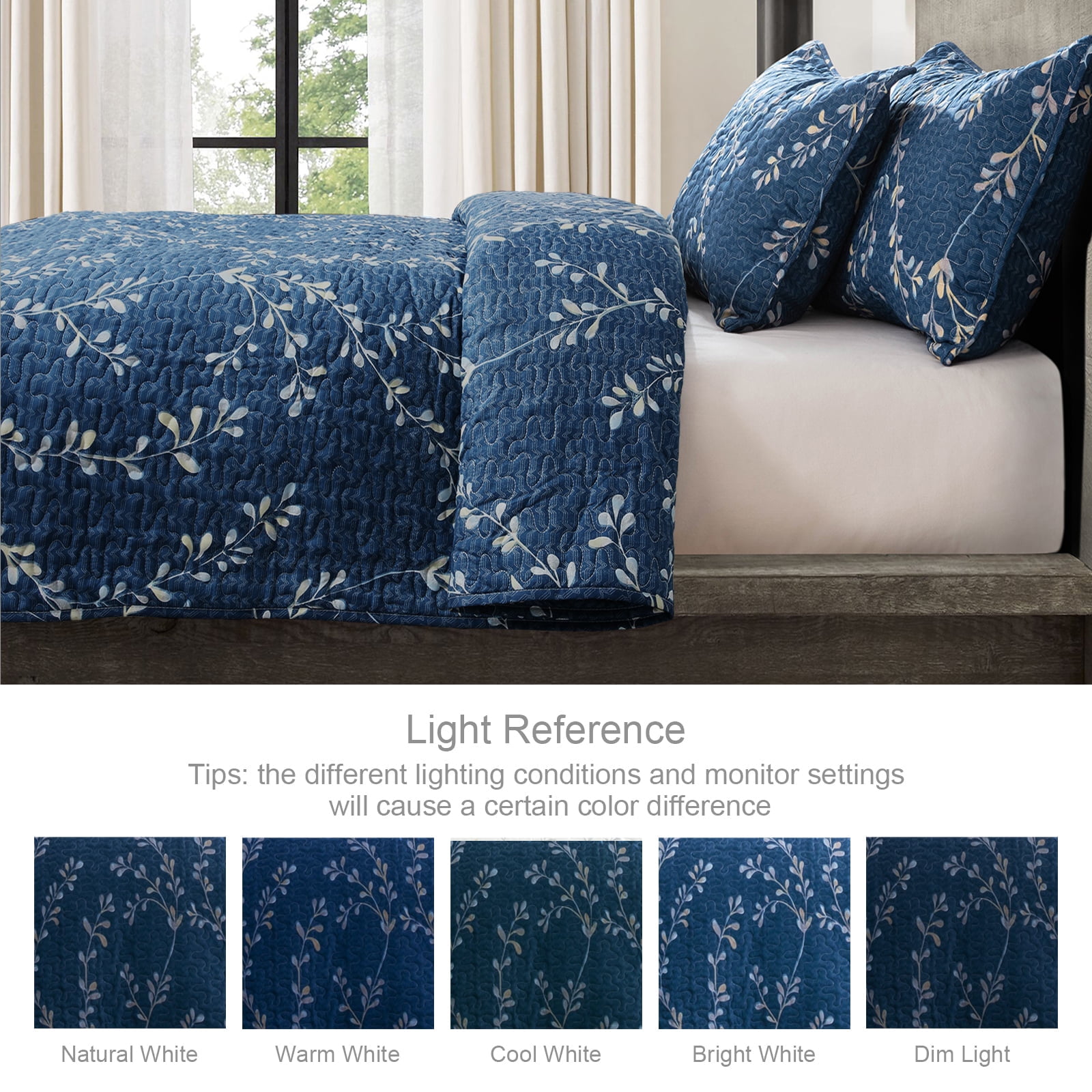 Exclusivo Mezcla Microfiber King Size Quilt Set, 3 Pieces Lightweight Bedspreads/ Coverlet/ Bedding Set with 2 Pillow Shams, Gradient Floral Pattern, (96"x 104", Navy)