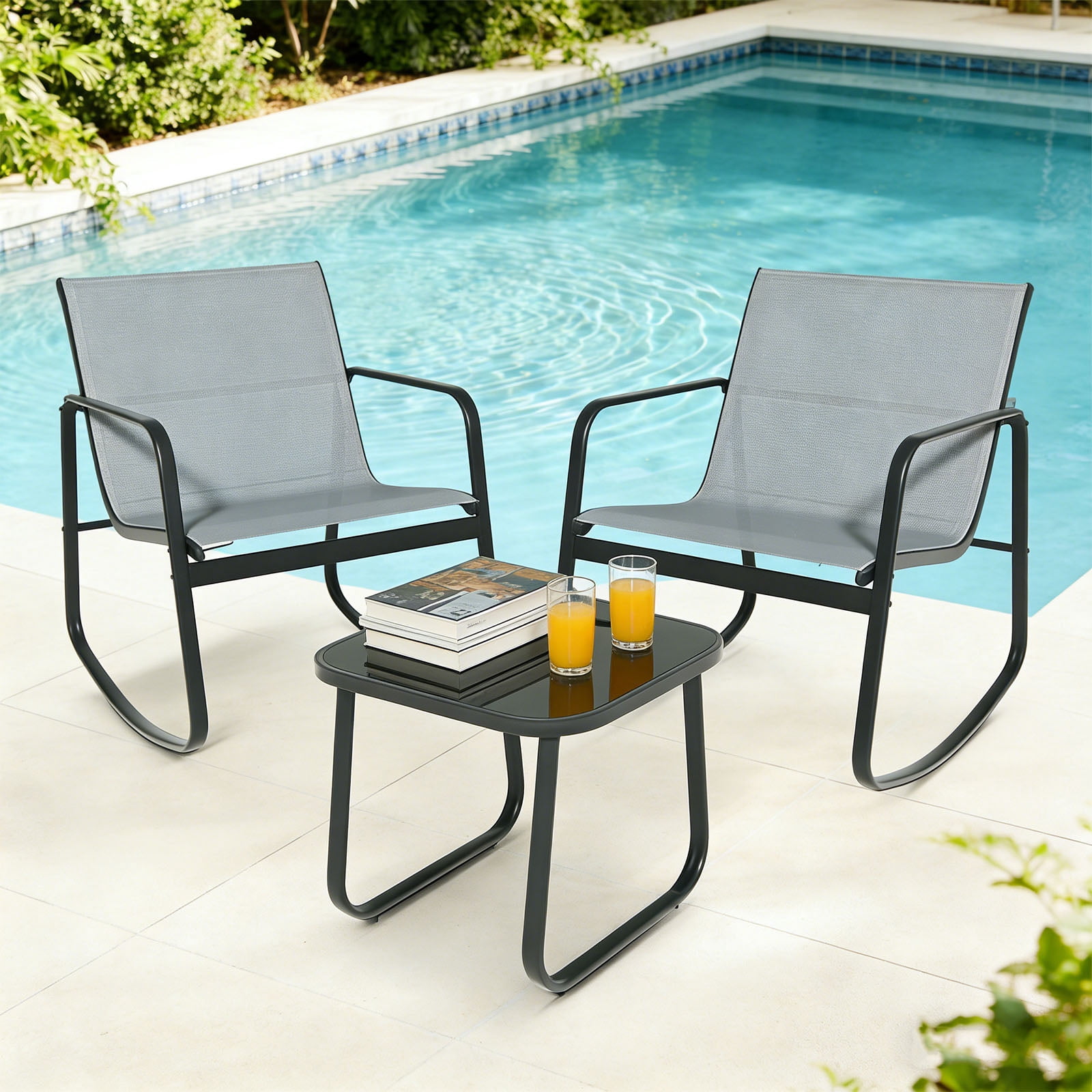 Casabay 3-Piece Outdoor Courtyard Furniture Set with Patio Chairs & Coffee Table, All Weather Outdoor Seating Breathable Fabric for Yard, Pool, Lawn, Light Gray