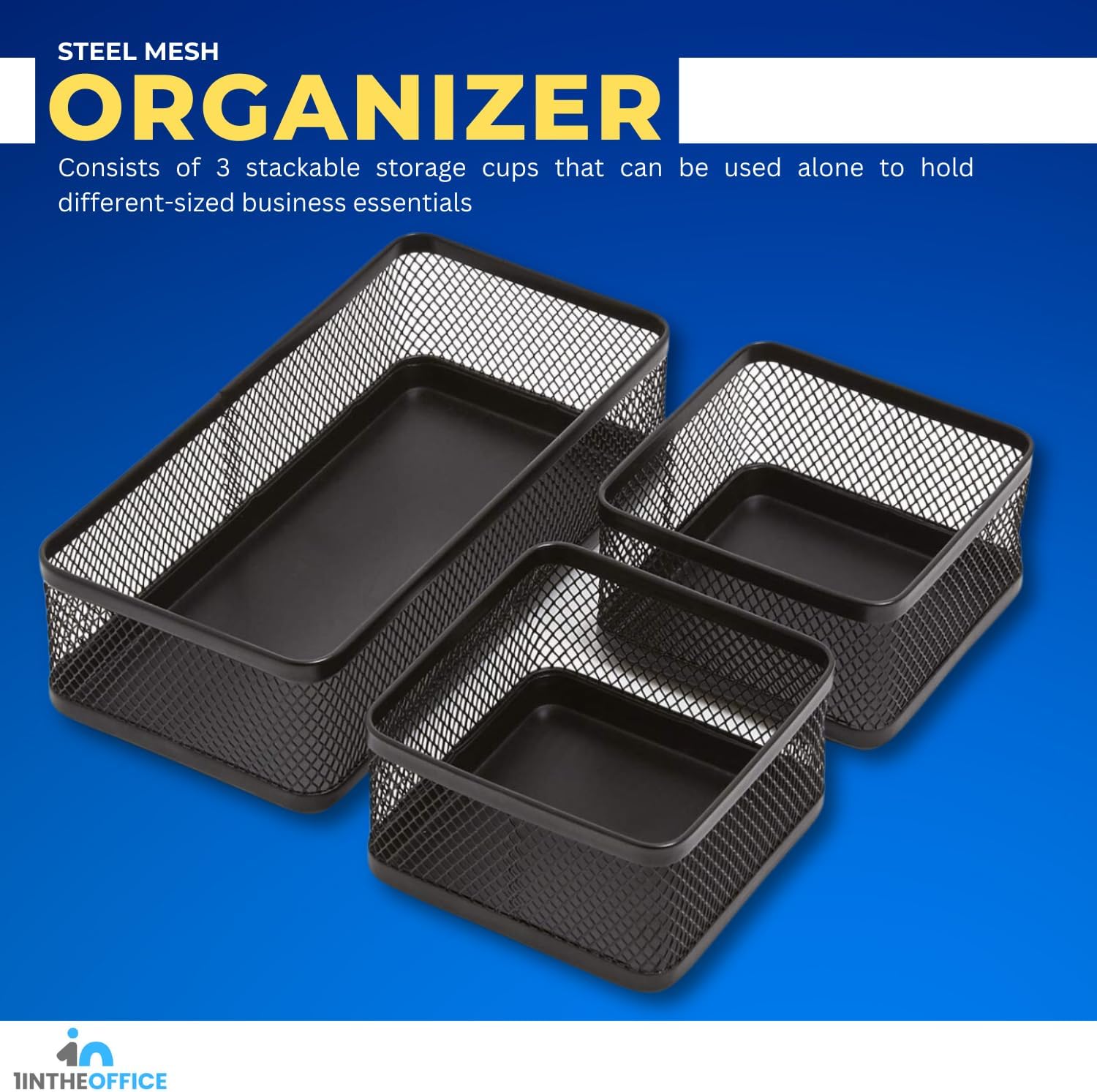 1InTheOffice Mesh Collection Desk Drawer Organizer Tray 3 Compartment - Stackable, Matte Black