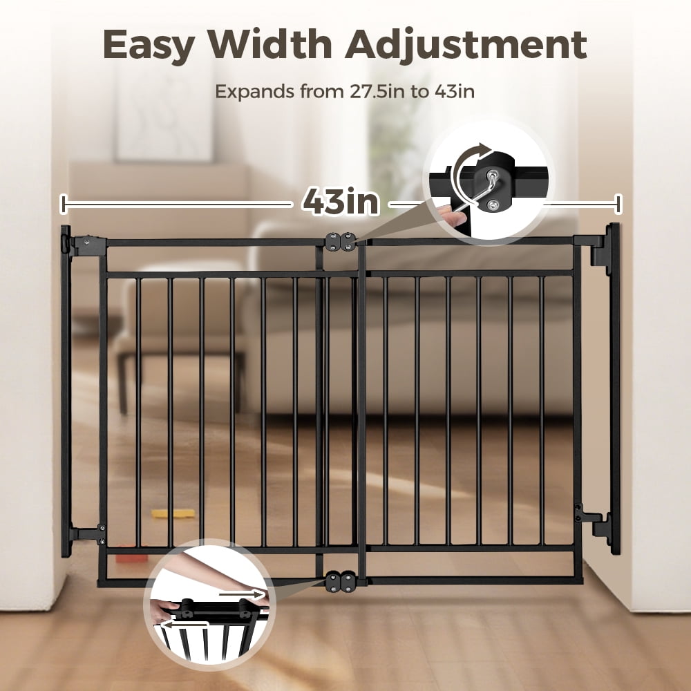 Pet Gate No Bottom Bar, Caveen 27.5-43" Pet Safety Gate for Stairs and Doorways, Black