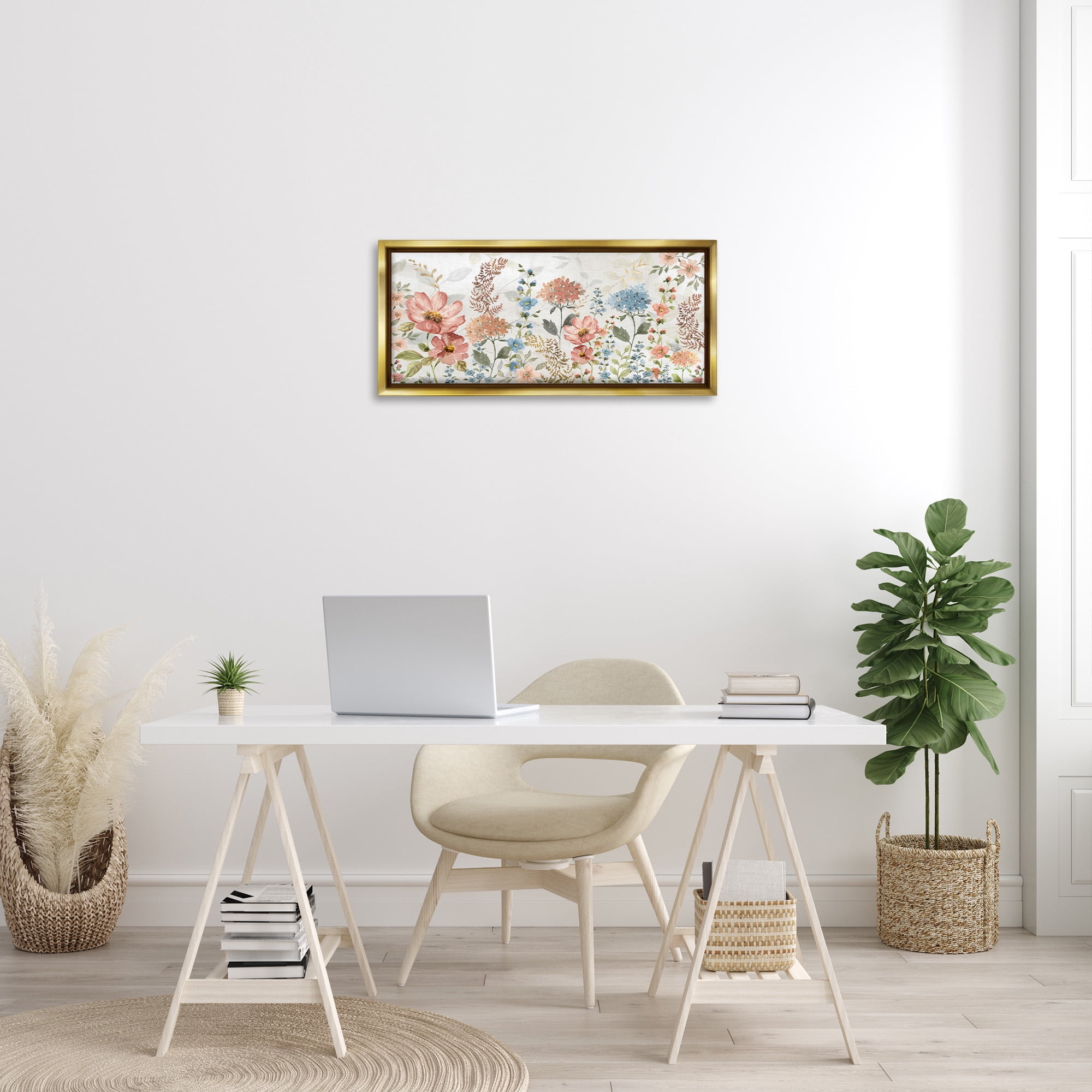 Stupell Industries Pastel Spring Florals Botanical & Floral Painting Gold Floater Framed Canvas Art Print Wall Art, 31 x 14