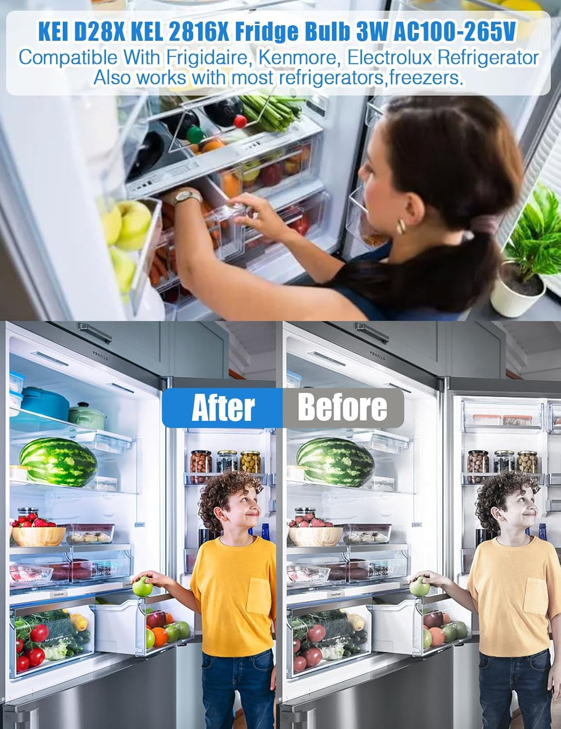 KEI D28X KEL 2816X Refrigerator Bulb 3W 5304522314 for Frigidaire Freezer Light Bulb Replacement E17 Base Compact ac100-265v 3w Appliance Fridge Bulb White Light (2 Pack)