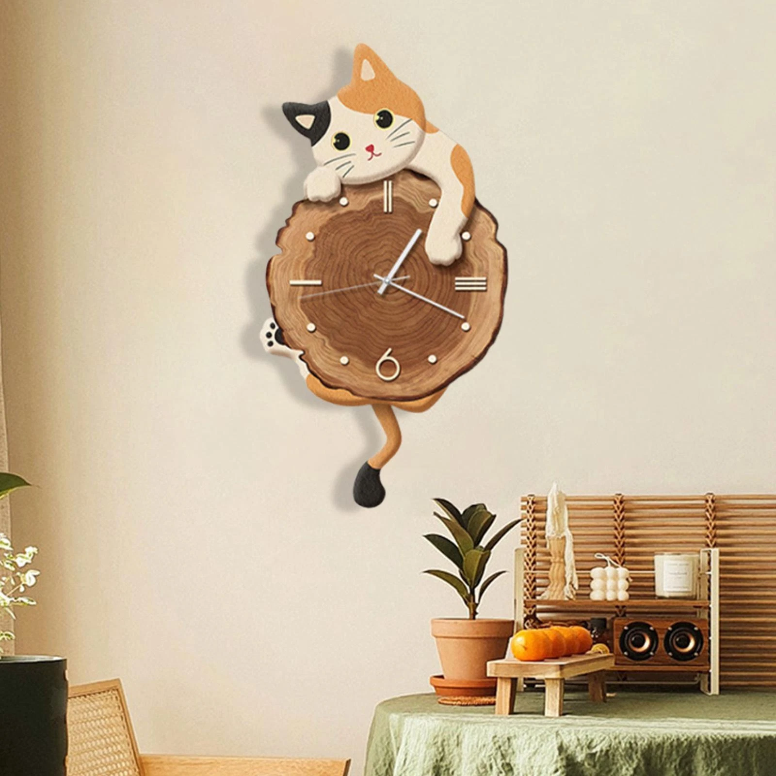 Cat Wall Clock Modern with Swinging Tail Silent for Kids Room Bedroom Home Decor