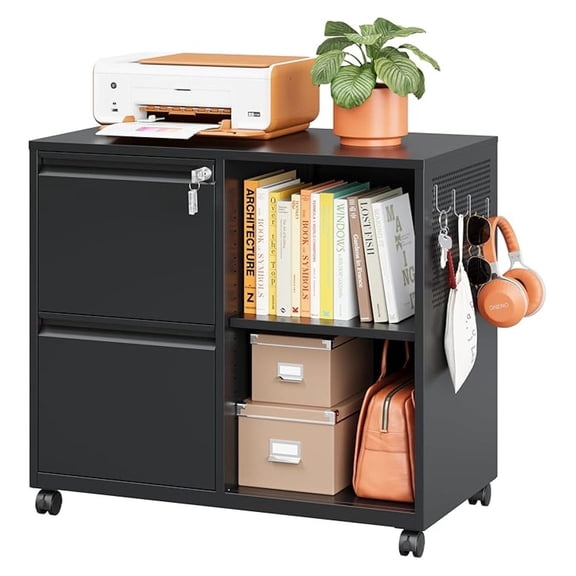 Mobile Filing Cabinet 2 Drawer, Metal Lateral Cabinet with Lock for Home Office, Rolling Printer Stand Adjustable Shelves - Black
