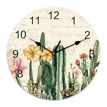 Wall Clock Cactus Clocks PVC Silent Non-Ticking Battery Operated Decorative Vintage Flower Tropical Plant Round Clock for Home Living Room Kitchen Bedroom Office School Wall Decor 14 Inch