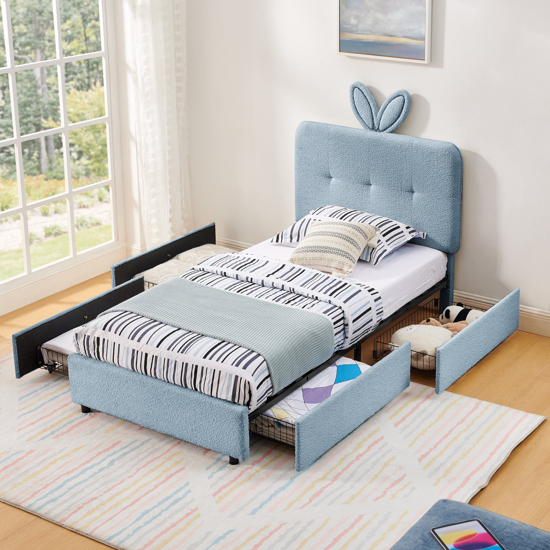 Noble House Bertis Twin Size Boucle Kids Bed, Rabbit Ear Headboard Bed Frame with LED Light and Storage Drawers, Navy
