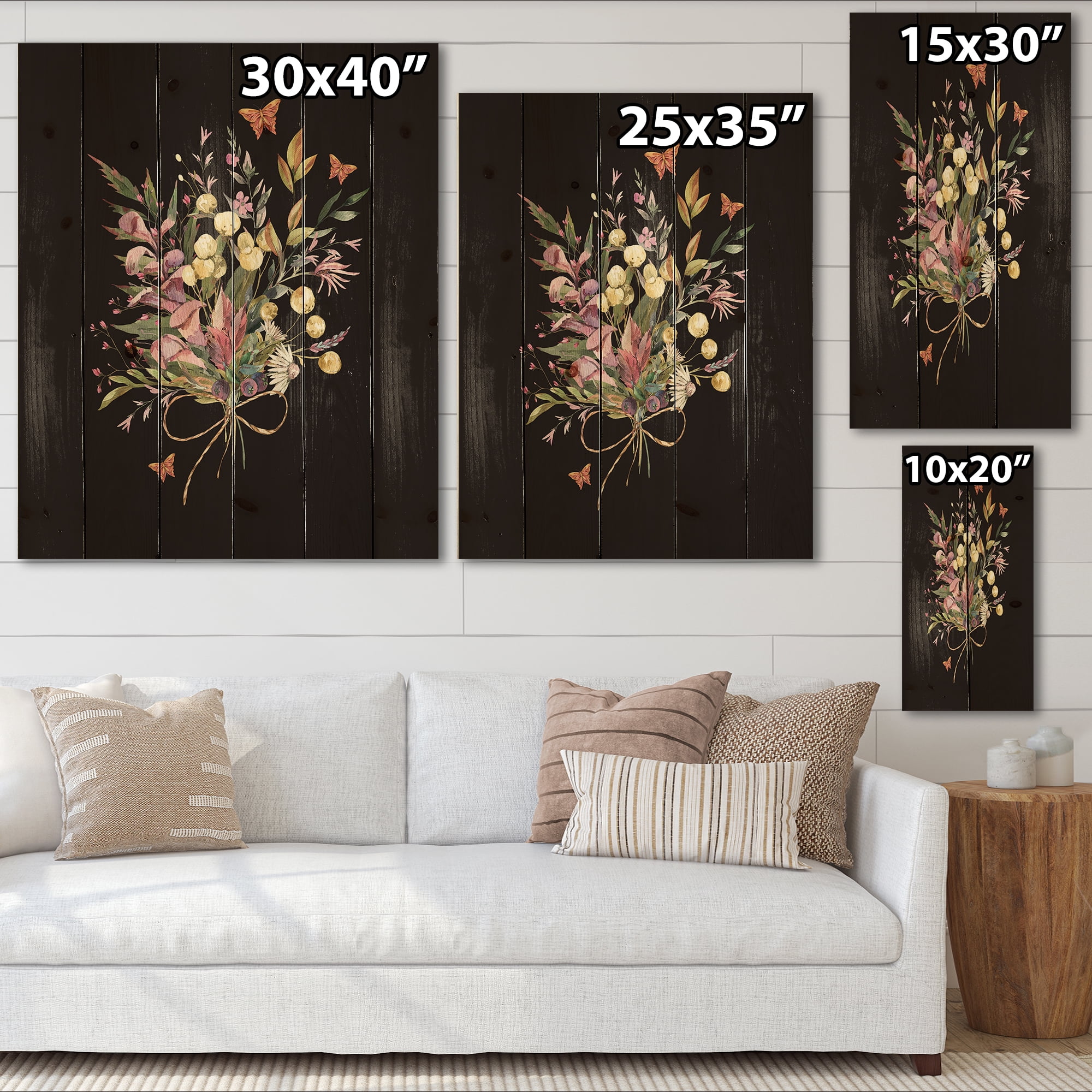 Designart 'Ancient Floral Summer Wildflowers Arrangement' Traditional Print on Natural Pine Wood