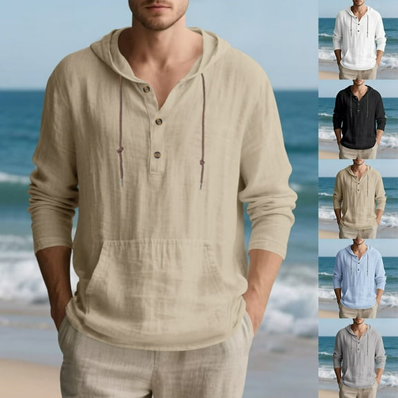 Men's Casual Linen Cotton Hooded Half Button Beach Pullover Top Long Sleeve Drawstring Loose Fit Breathable Summer Vacation Shirt Tunic Gift for Him | JASKFLY,Black L