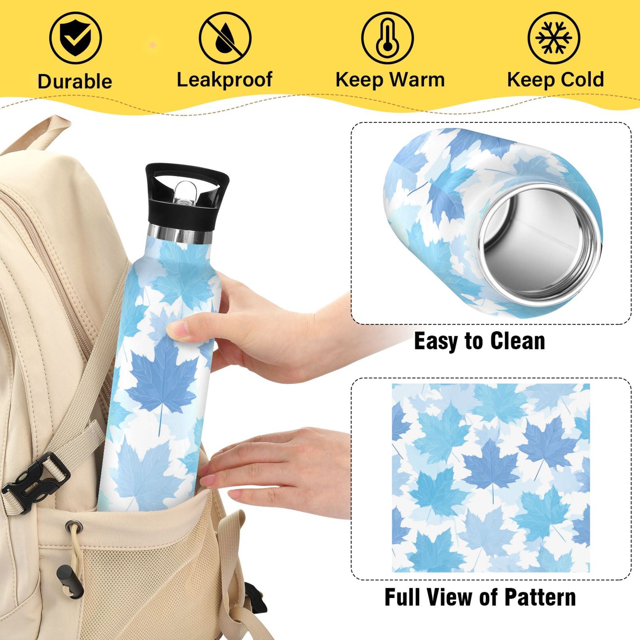 Kids Insulated Stainless Steel Sports Water Bottle 600ml (20oz) Light Blue Maple Leaves
