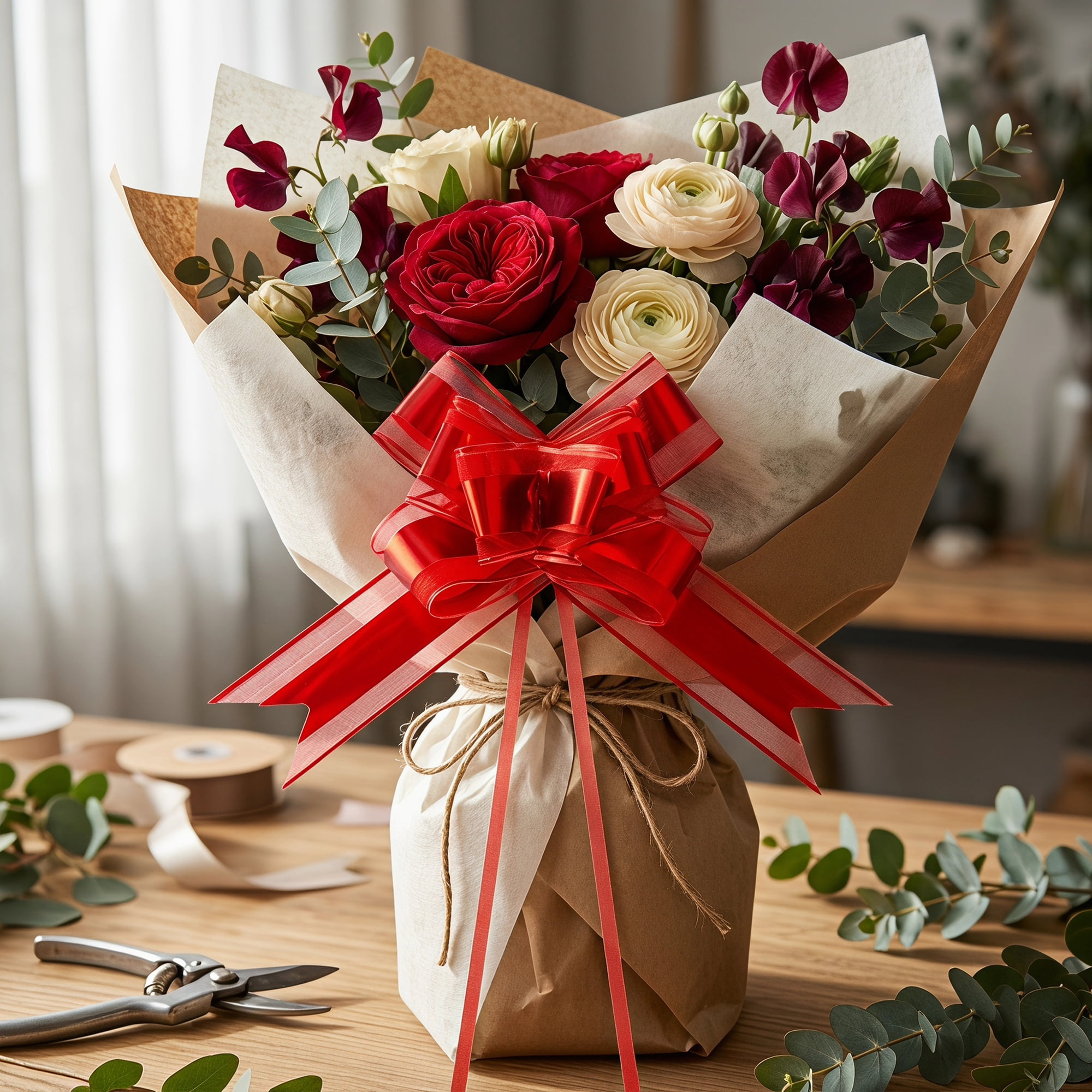 Unique Bargains Elegant Smooth Instant Pull String Flower Bows for Gift Wrapping Red