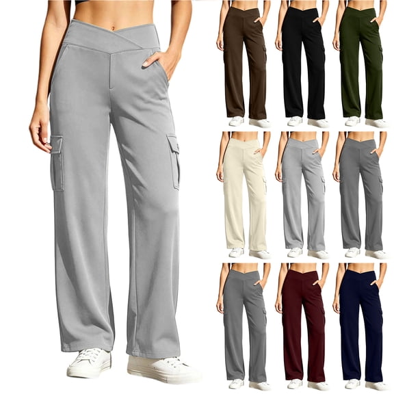 Bloomae Flare Leggings for Women Crossover High Waist Tummy Control Yoga Pants Loose Wide Leg Workout Cargo Pants with 6 Pockets Bootcut Leggings
