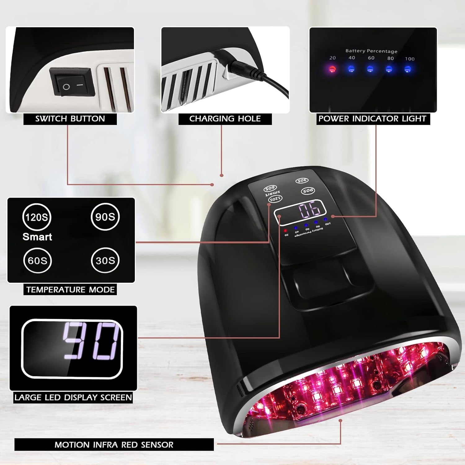 90W Professional Wireless Cordless Rechargeable UV LED Nail Lamp,Nail Lamp Gel Nail Curing Dryer Light for Nails with 45 Beads,4 Timer Setting LCD Display Nail Polish Machine