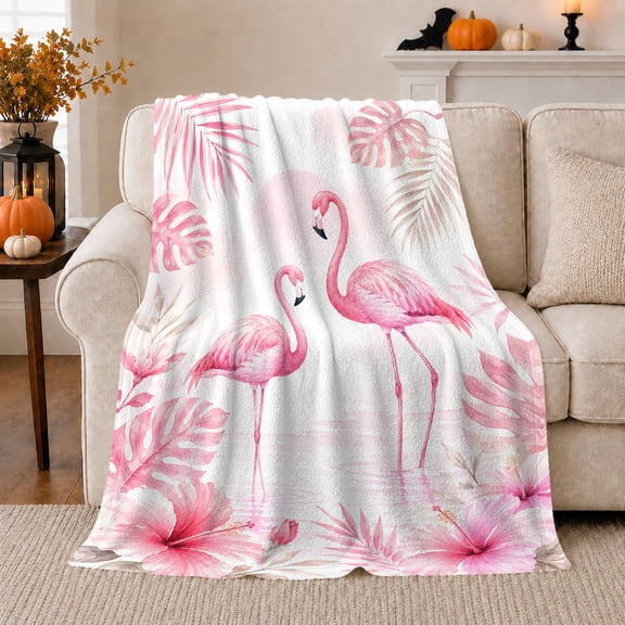 Pink Flamingos with Palm Leaves and Hibiscus, Cheerful Tropical Style for Flamingo Lovers, Blush Beach Scene and Birthday Gift, Soft Flannel Blanket for Bedroom and Sunroom, Coastal Home Decor