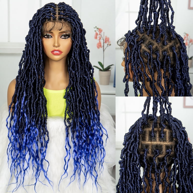 Handmade Blue Black Gray Wavy Faux Loc 3 Toned Wig Blue Pink Purple Teal Ombre Goddess Faux Locs Lace Closure W  main image 2