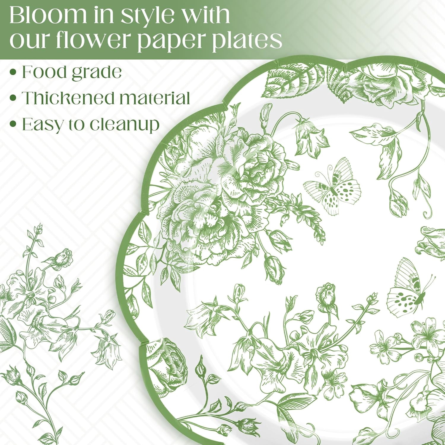 100 Pieces Sage Green Flower Paper Plates 7 Inches Disposable Floral Paper Plate Scalloped Sage Green Chinoiserie Vintage Flower Dessert Plates for Wedding Birthday Holiday Party Supplies