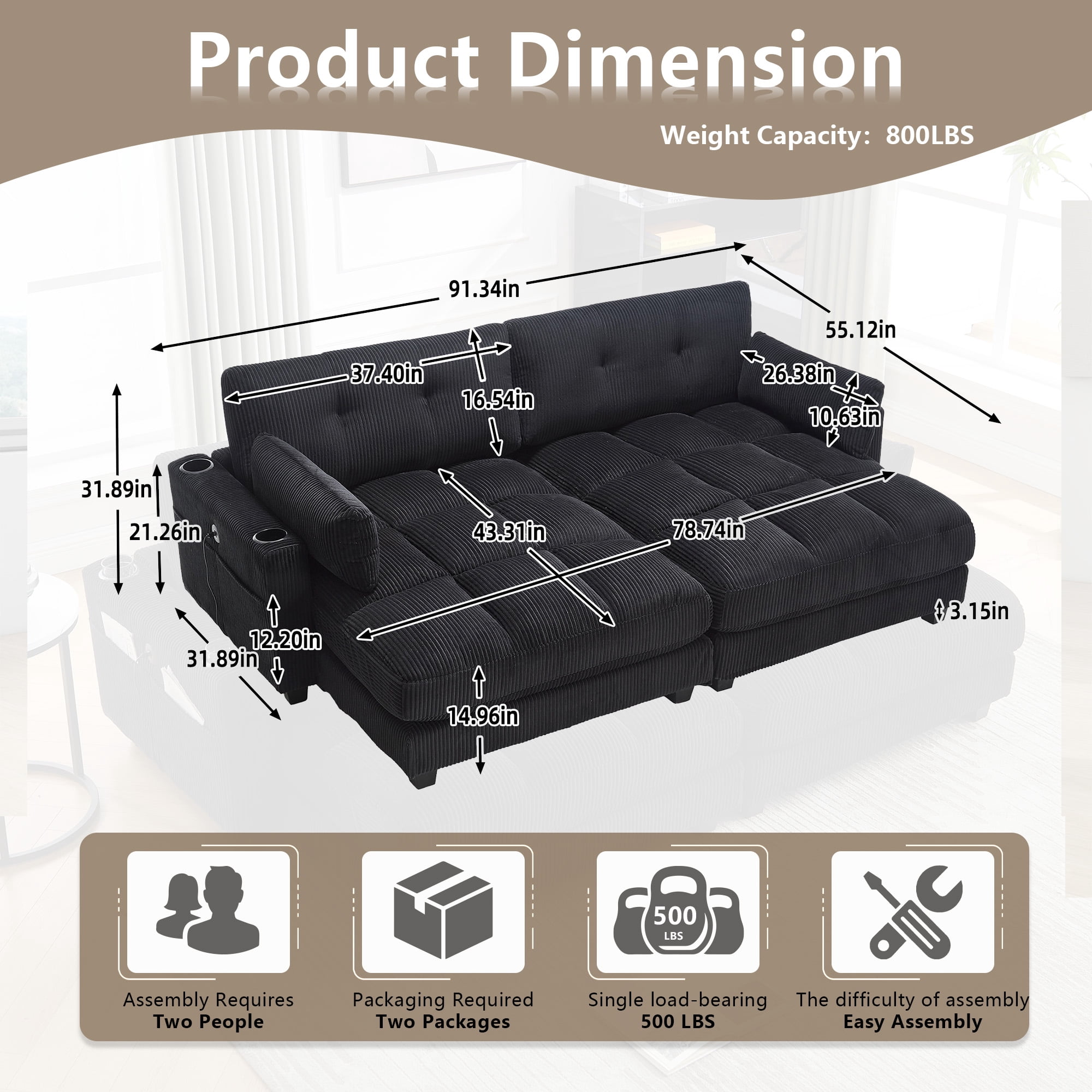 MOONMISS Corduroy Upholstered Soft Deep Seat Sleeper Loveseats Sofa with USB,Type-C&Cup Holders-Black