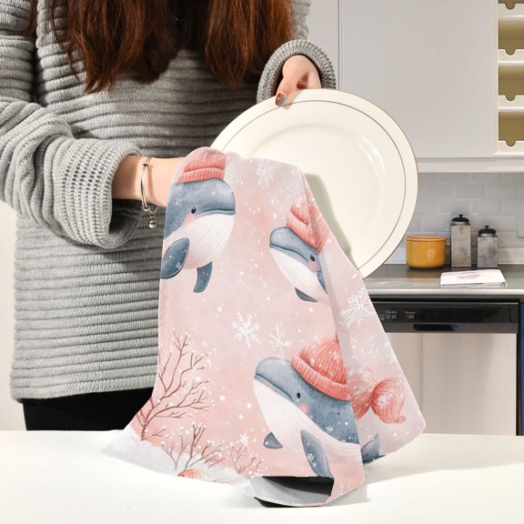 BZSMCE Kitchen Towels Creative Cute Blue Whale in Snow Pattern Durable Kitchen Towel