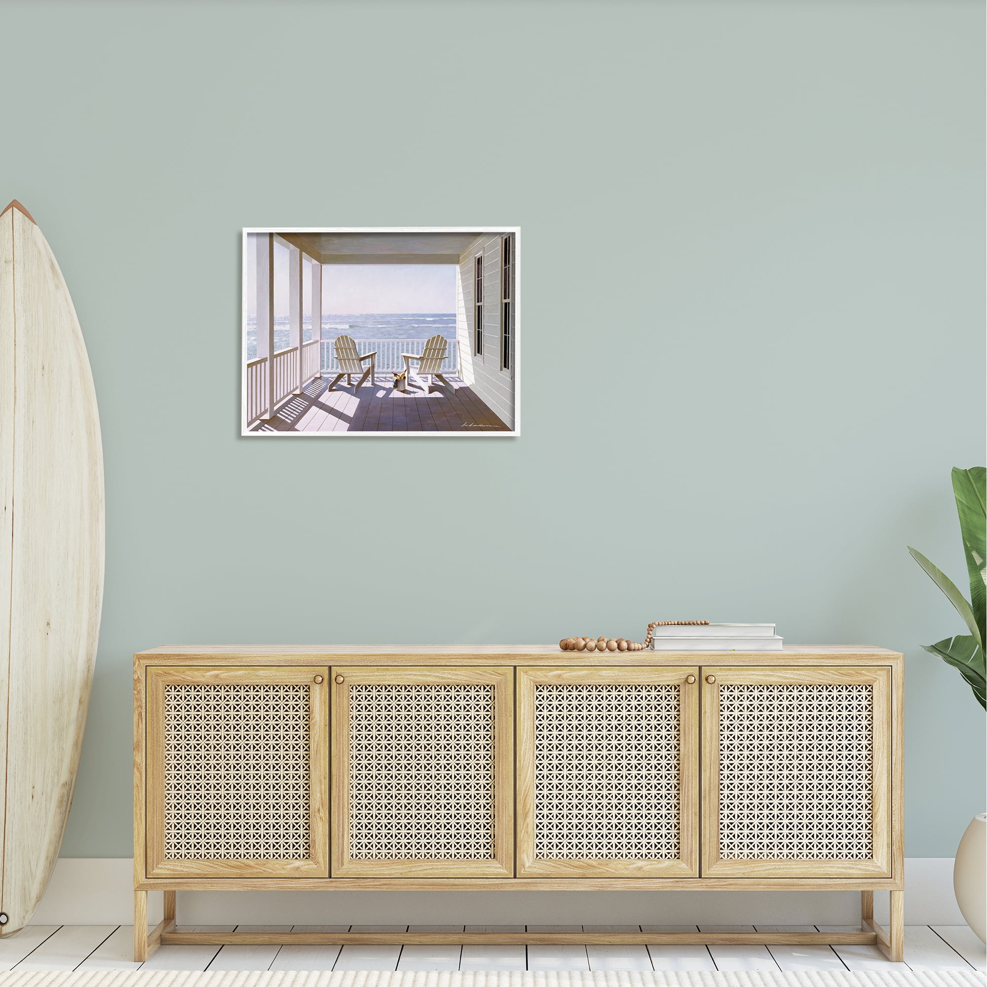 Stupell Industries Porch Chairs Overlooking the Tide Realistic Painting Framed Art Print Wall Art, 30x24, By Zhen-Huan Lu