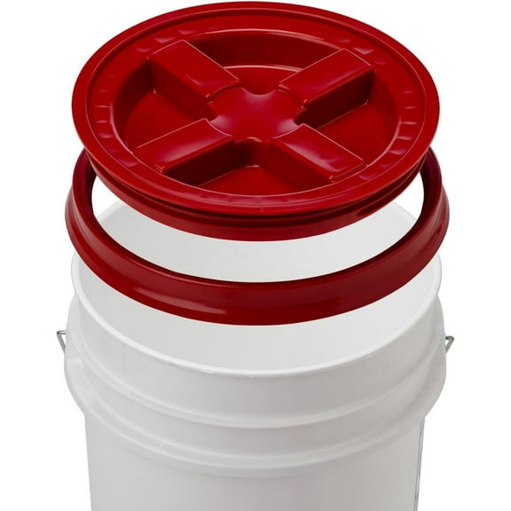 5 Gallon White Bucket & Gamma Seal Lid - Food Grade Plastic Pail & Gamma2 Screw Seal Tight Lid (Red)