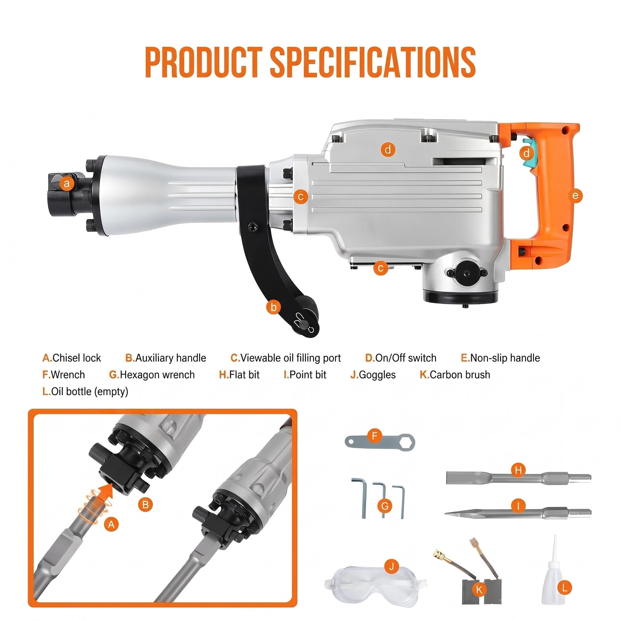 Electric Demolition Jackhammer 1500W Concrete Breaker 1800BPM 50J, Heavy Duty Demolition Hammer with Adjustable Anti-Vibration Handle, Safety Clutch, Carrying Case & 2 Chisels