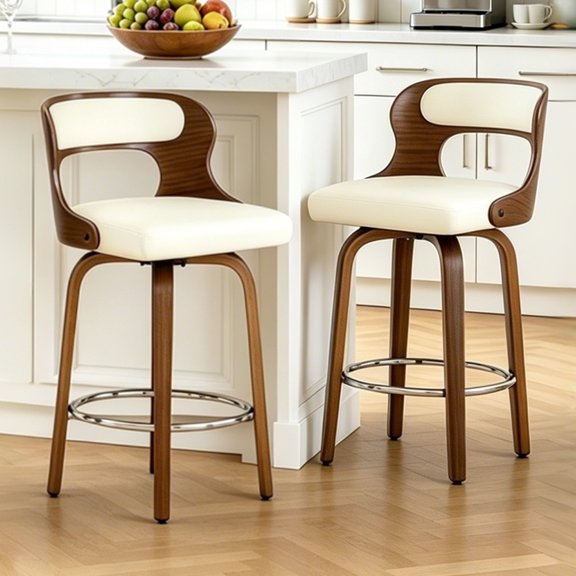 CRERIYO 26" Swivel Bar Stools Set of 2, Bentwood Counter Height Stools with Upholstered Seat, Wood Legs and Chrome Footrest, White