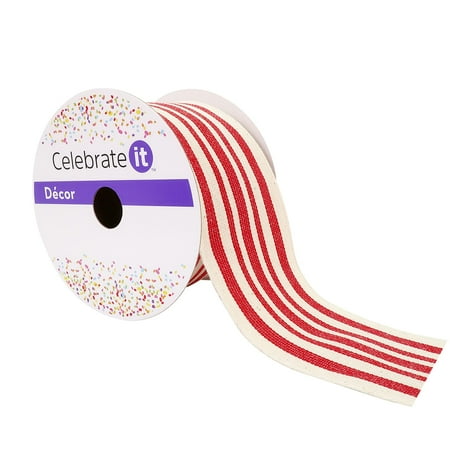 UPC: 0191518420135 | 2.5 Red & Ivory Stripe Faux Cotton Wired Ribbon by Celebrate It™