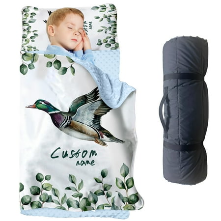 Personalized Mallard Duck & Leaf Bean Velvet Nap Mat – Soft Toddler Sleeping Mat with Custom Name – Ideal for Daycare Preschool and Travel(Cushions + Pillows22.5 x55 +Blanket size: 33.5 x 45 )