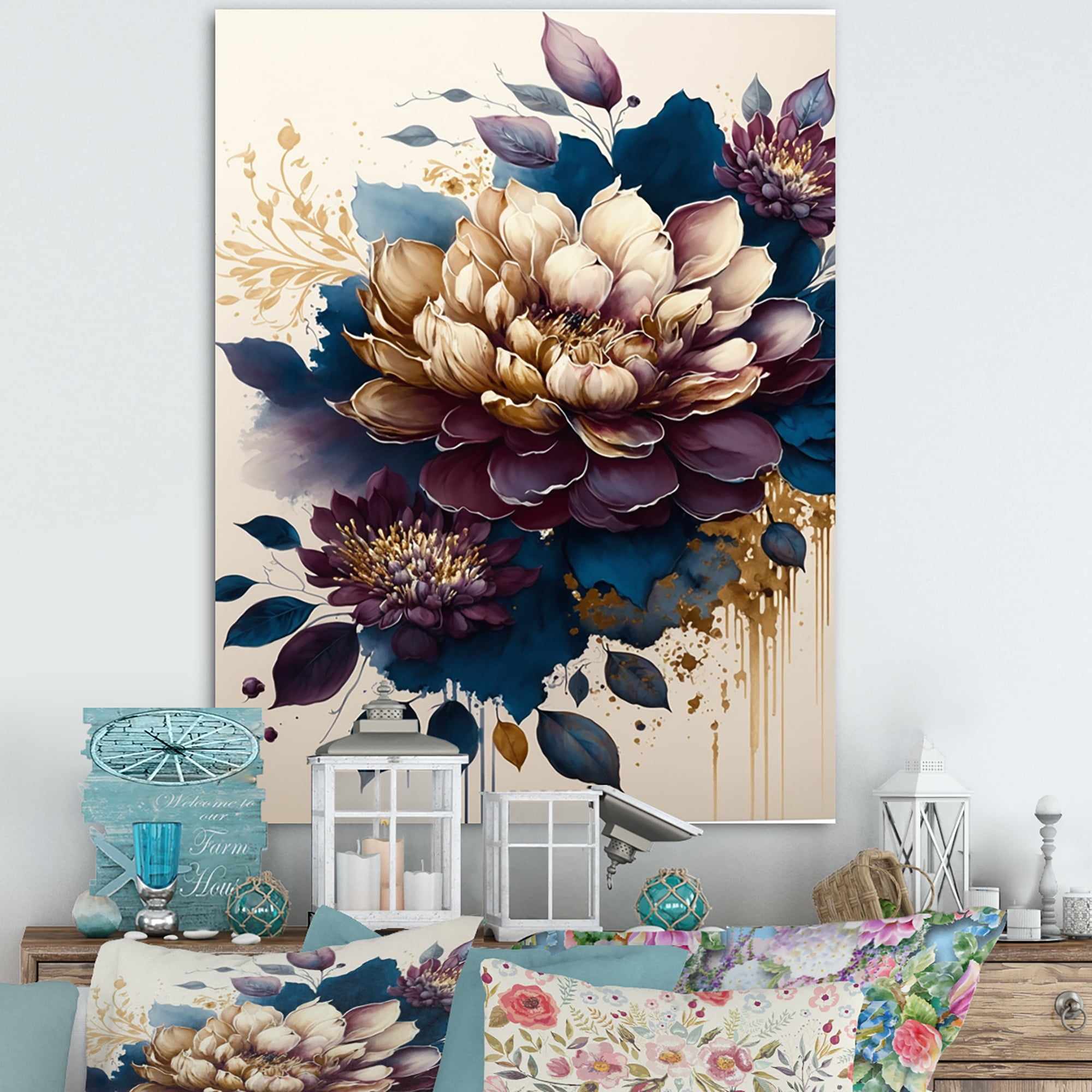 Designart Burgundy And Blue Dahlia Bunch I Canvas Wall Art