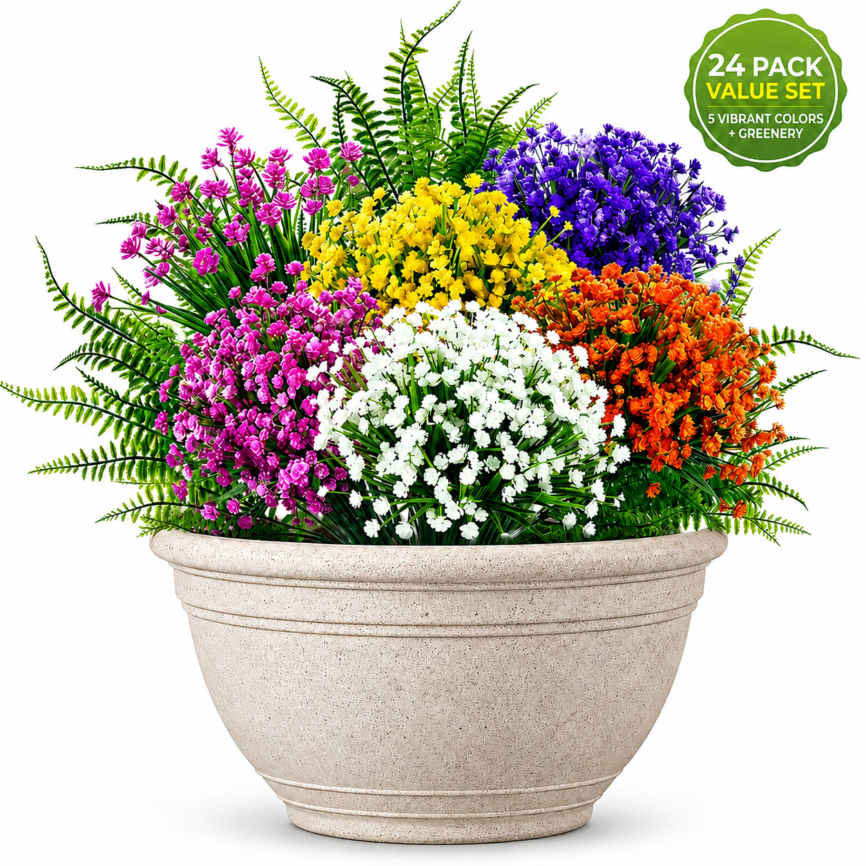 Simeccom 24Pcs Artificial Flowers Outdoor UV Resistant - Fake Plants with Boston Fern Greenery Stems for Spring Summer Porch Garden Home Decor，Multicolor