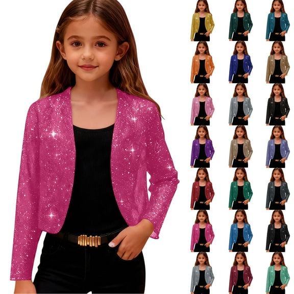 Girls Sequin Jacket Open Front Cropped Bolero Shrugs for Dance Dresses Sparkly Cardigan Lightweight Dress Coat