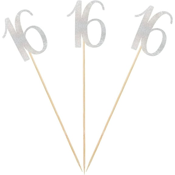 Silver Glitter 16th Birthday Centerpiece Sticks, 12-Pack Number 16 Table Topper Anniversary Party Decorations