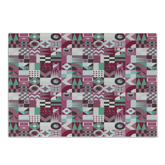Mid Century Cutting Board, Rich Pattern of Motifs from Fifties Groovy and Unusual Forms Checkered Design, Decorative Tempered Glass Cutting and Serving Board, Small Size, Multicolor, by Ambesonne