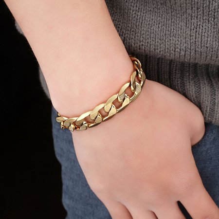 12MM Male Curb Cuban Link Chain Bracelet For Men Jewelry 14K Yellow Gold Mens Link Bracelets, pulseira masculina D365
