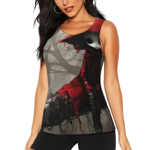 Fotbe Dark Red Hooded Girl Blusas Sin Mangas para Mujer – Estilo Casual, Corte Suelto, Slim-Fit, Cuello Redondo Deportivo, Tops de Verano para Gimnasio y Yoga-Medium