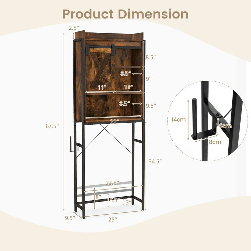 Finihen Toilet Storage Cabinet, Bathroom Cabinet Organizer, 4-Tier Multifunctional Toilet Sorage Cabinet with Adjustable Shelf and Sliding Barn Door, for Bathroom, Rustic Brown