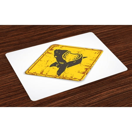 Shark Placemats Set of 4 Caution Shark Sign Sharp Teeth Animal Ocean Danger Do Not Swim Illustration, Washable Fabric Place Mats for Dining Room Kitchen Table Decor,Earth Yellow Grey, by (Best Place To Find Shark Teeth In Myrtle Beach)