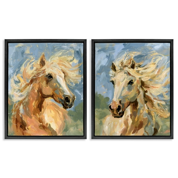 Stupell Industries Windblown Manes Horses Animals Painting Black Floater Framed Canvas Art Print Wall Art, 17 x 21, Set of 2
