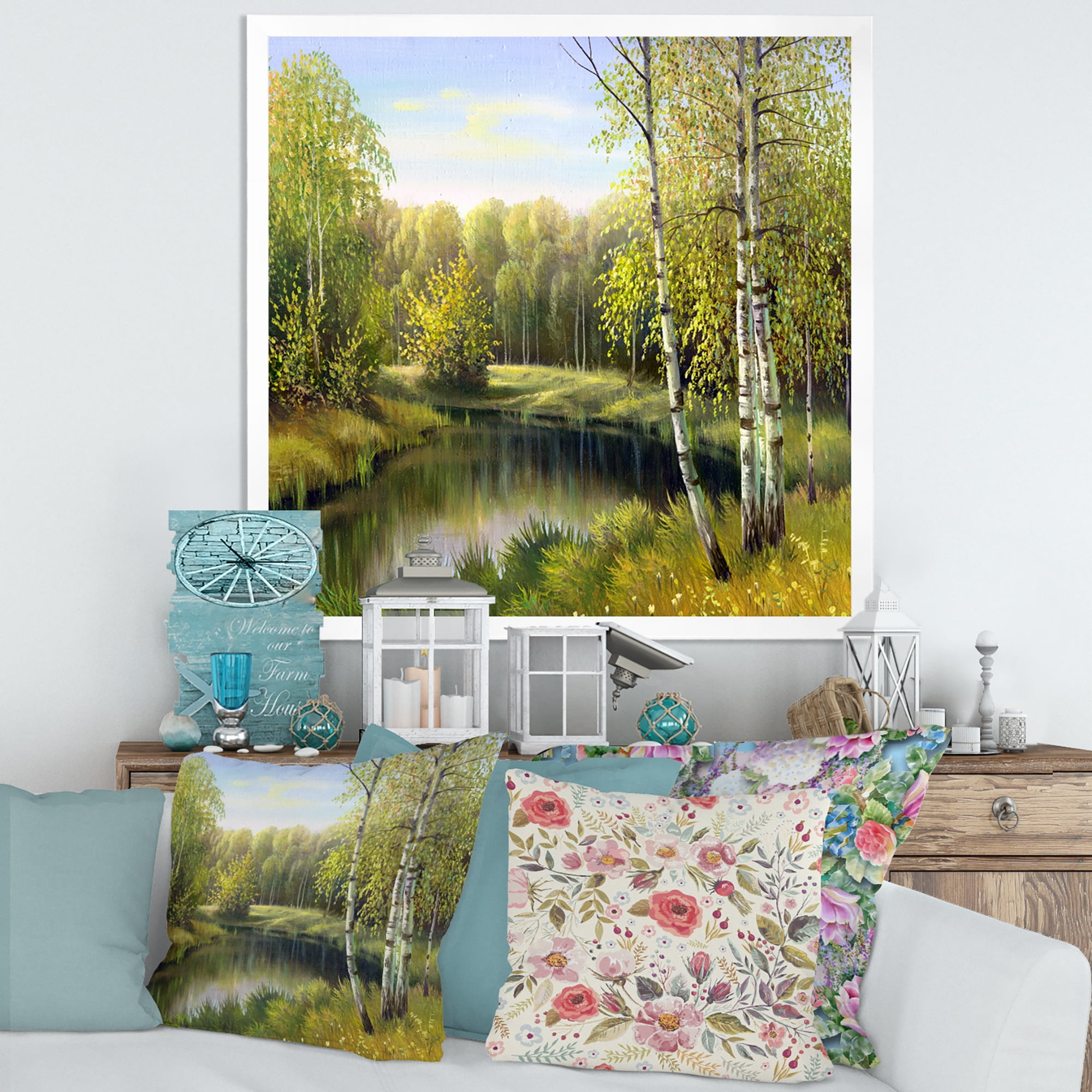 Designart 'The River In Silent Green Nature Through Birches' Traditional Framed Art Print