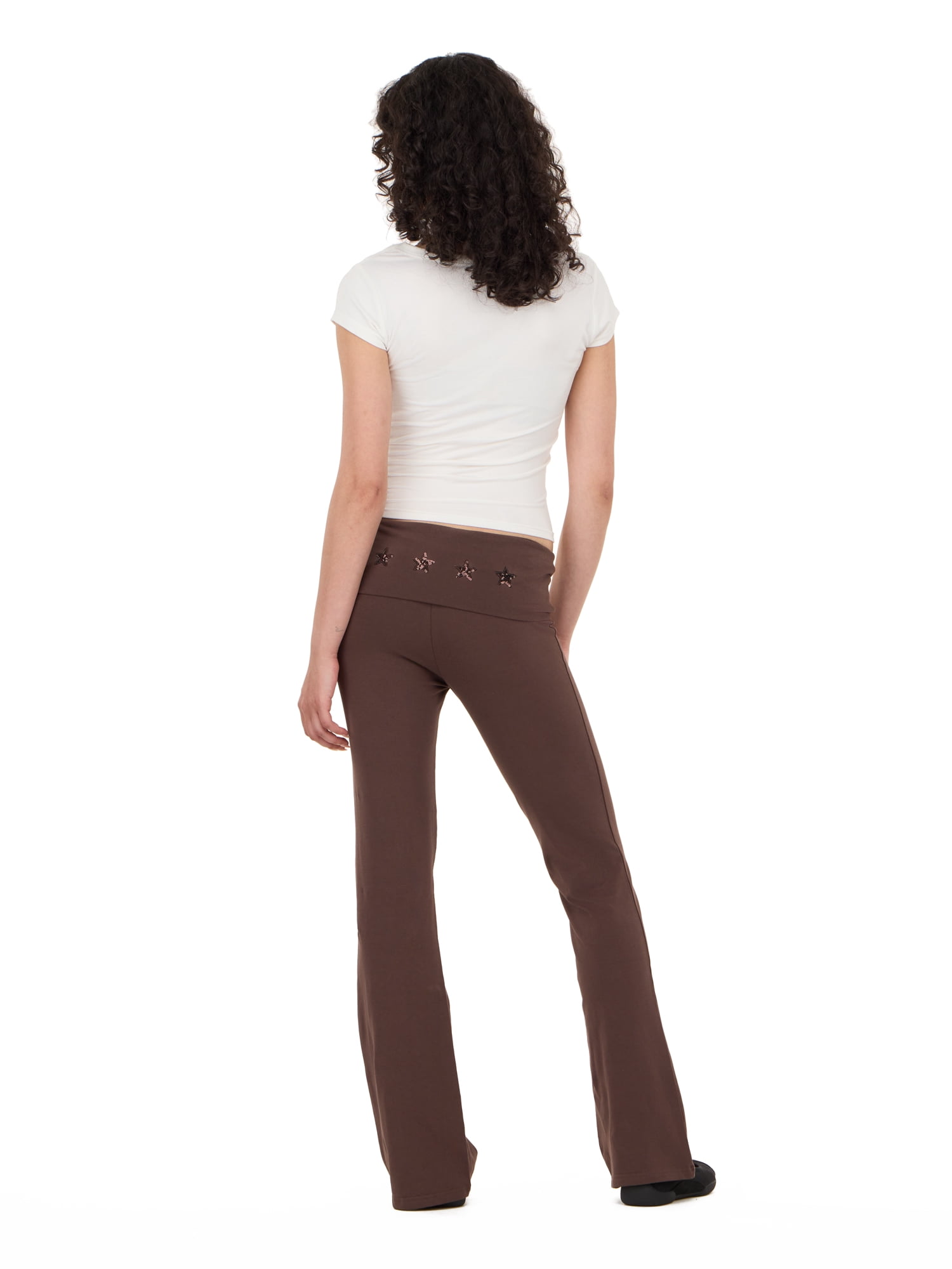 Forever 21 Women's Jersey Fold Over Waist Pants with Graphic Detail, Flare Leg Lounge Pants, Stretch Casual Everyday Comfort Style, Brown, XXS-4X