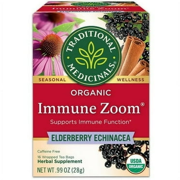 Traditional Medicinals Organic Immune Zoom Tea Elderberry Echinacea - 16 Tea Bags Pack of 4