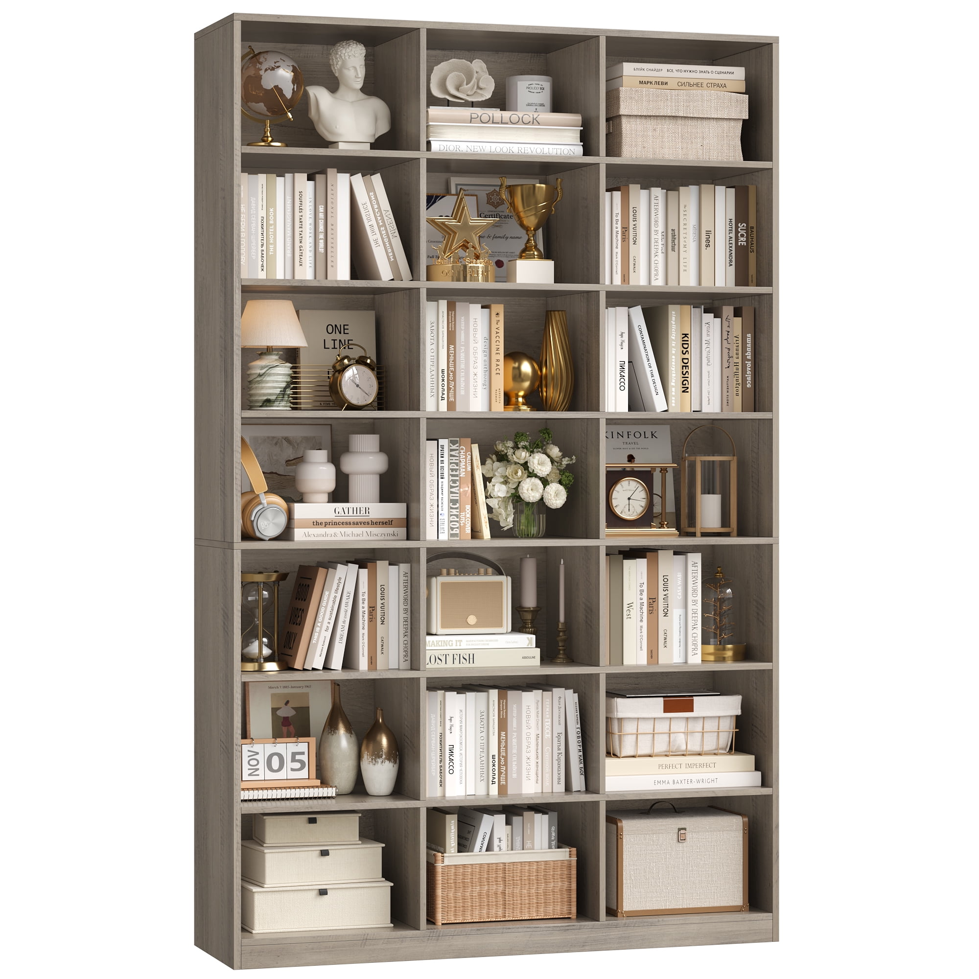 Hiphuta 21-Cube Bookcase, 86"H Tall Wooden Bookshelves for Bedroom, Living Room and Office, Freestanding Display Shelves Cube Organizer, Ash Gray