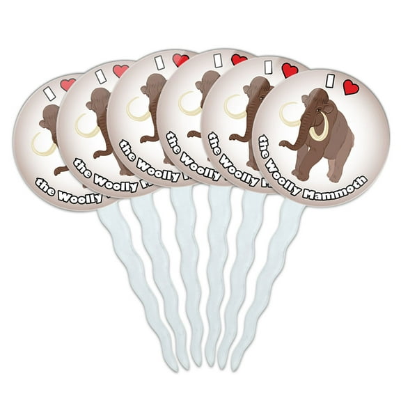 I Love Heart Woolly Mammoth Dinosaur Cupcake Picks Toppers - Set of 6