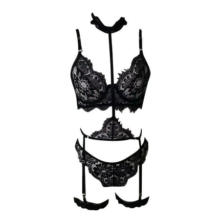 Puawkoer New Sexy Fashion Lace Bra Set Lingerie Underwear Sleepwear Steel Women Satin Pajamas Set Silk Sleepwear Lace Ring Pajamas Garter