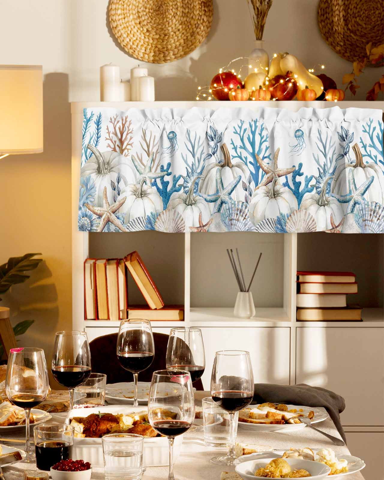 Coastal Starfish Pumpkin Valance – 42"W X 18"L Navy Orange Fall Window Valance With Rod Pocket For Kitchen, Living Room, Bathroom – Light Filtering, Machine Washable